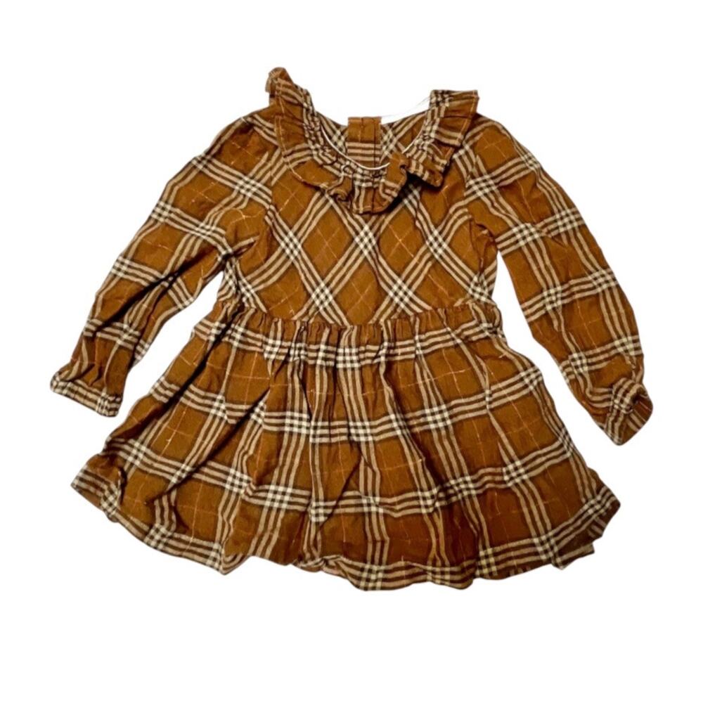 Handmade Ruffle Collar Brown Plaid Linen Dress Size 3